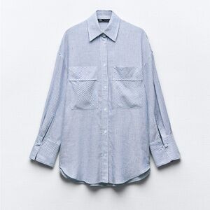 NWOT Zara striped shirt with pockets blue white stripes linen viscose blend M